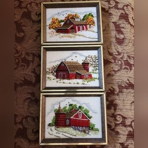Set of Three Framed Barn Embroideries Vintage 1977 8 x 6 Frames